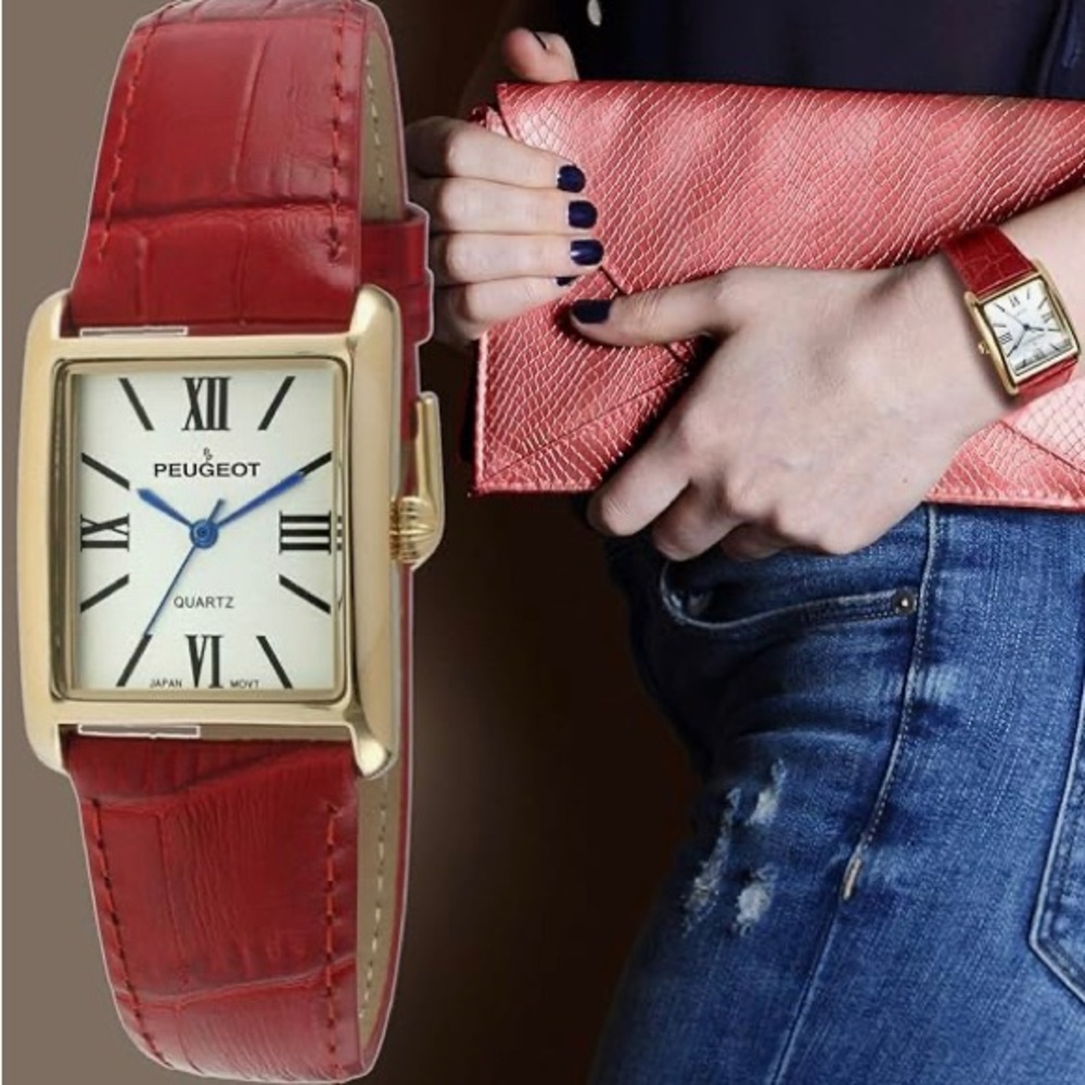 WOMEN'S TANK WATCH ROMAN DIAL RED LEATHER STRAP